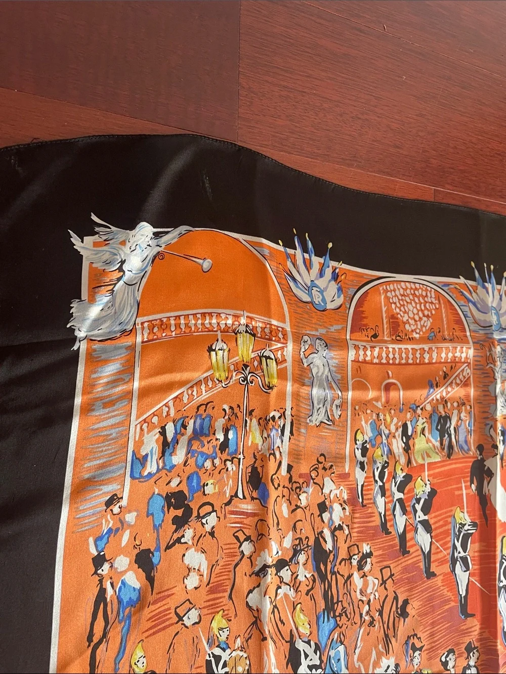 Orange Illustrated Ballroom Scene Silk Scarf